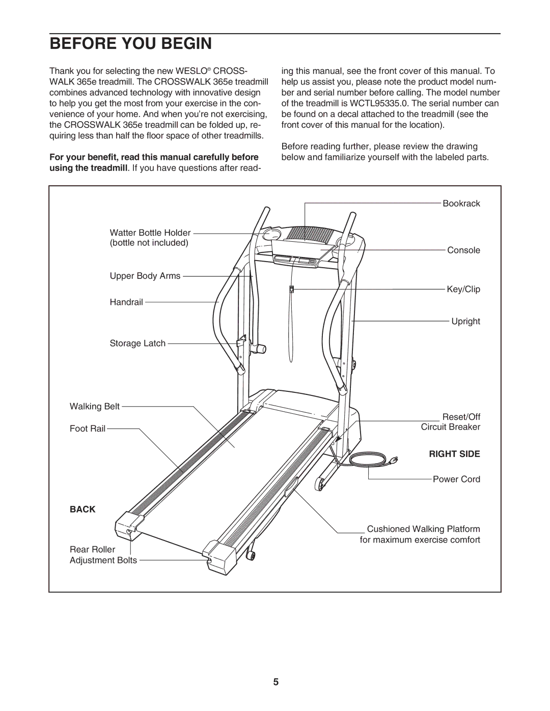 Weslo WCTL95335.0 user manual Before YOU Begin, Right Side, Back 