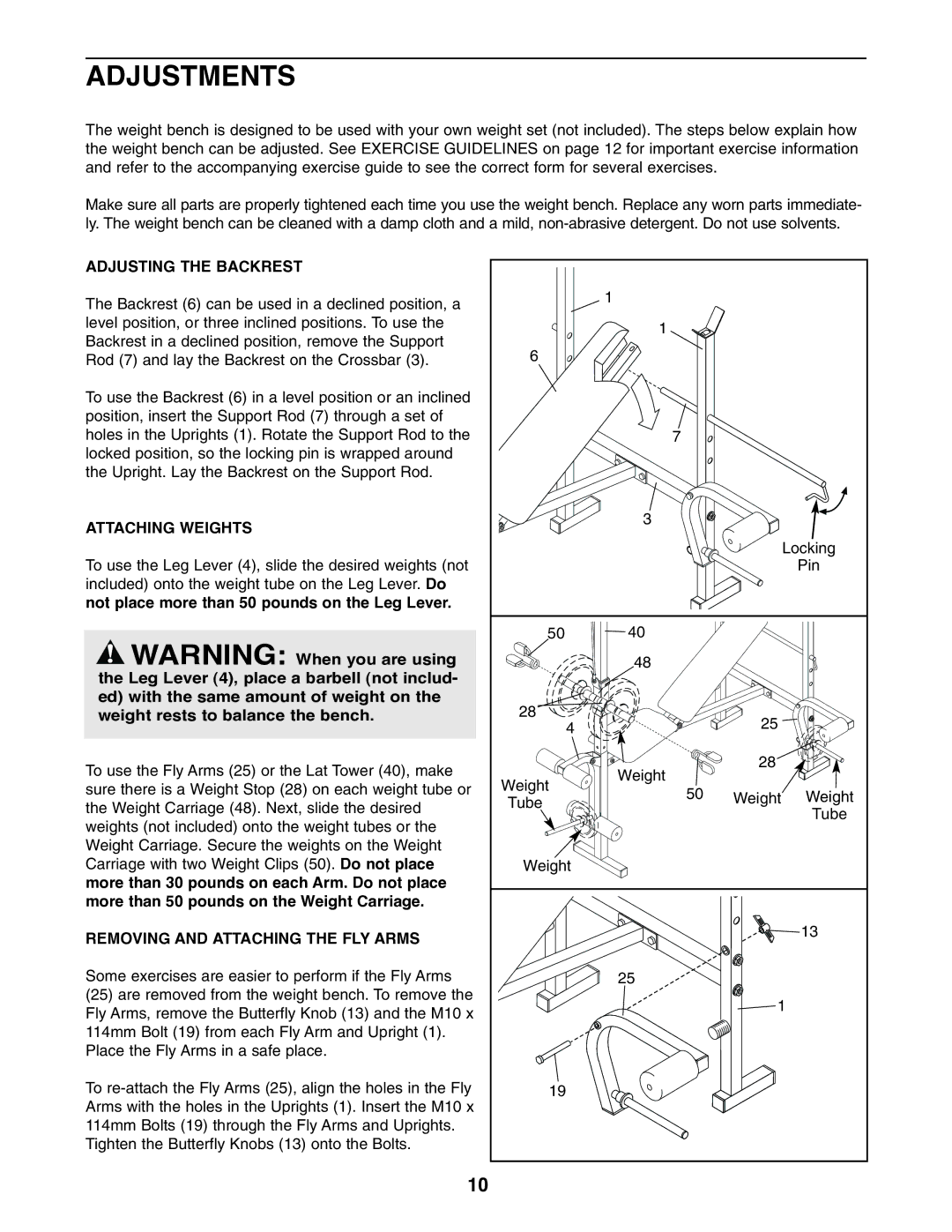 Weslo WEBE13810 user manual Adjustments, Adjusting the Backrest, Attaching Weights, Removing and Attaching the FLY Arms 