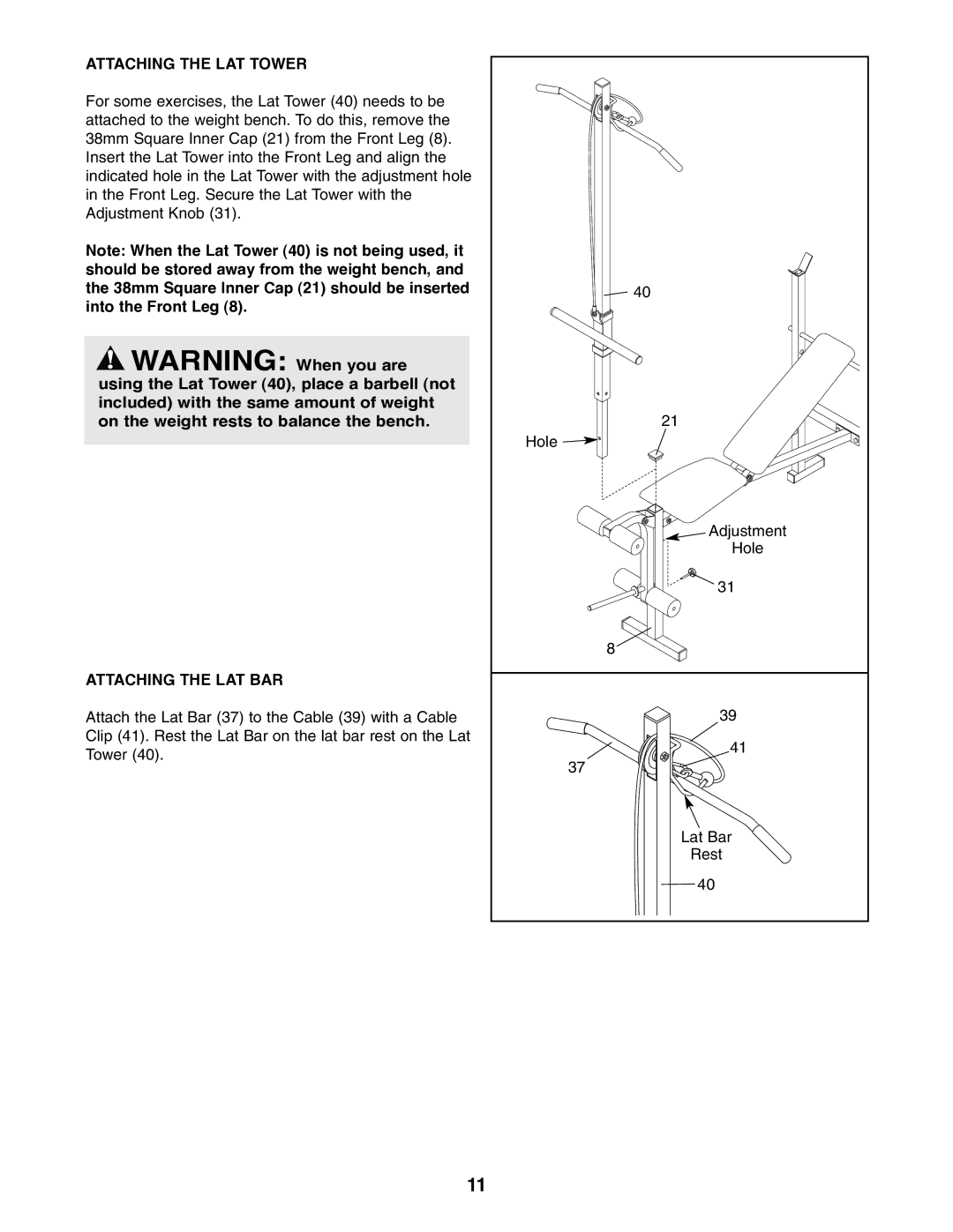 Weslo WEBE13810 user manual Attaching the LAT Tower, Attaching the LAT BAR 