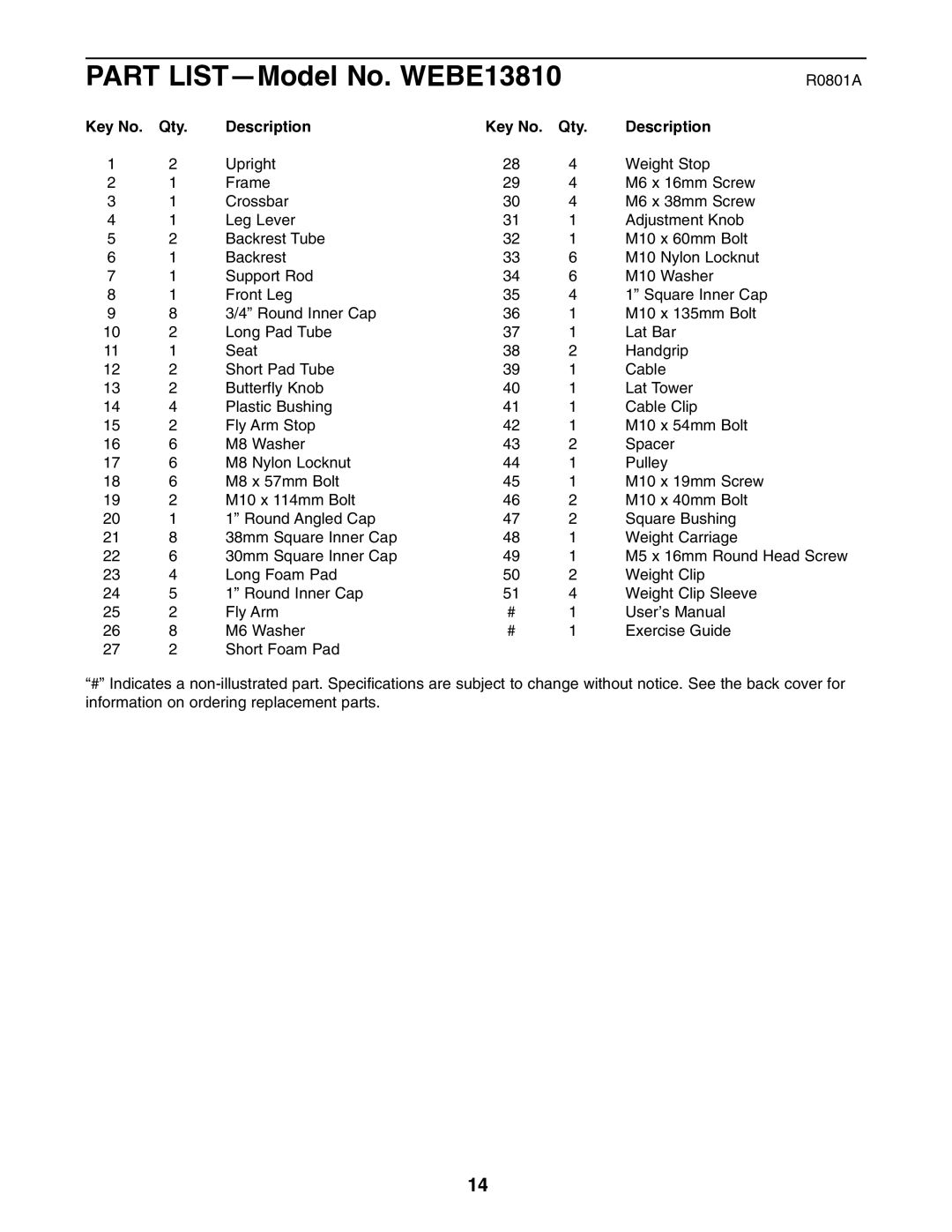 Weslo user manual Part LIST-Model No. WEBE13810 