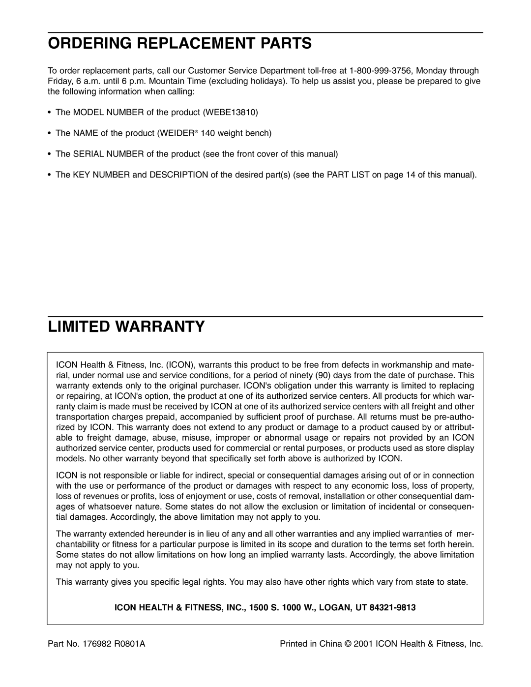 Weslo WEBE13810 user manual Ordering Replacement Parts, Limited Warranty 