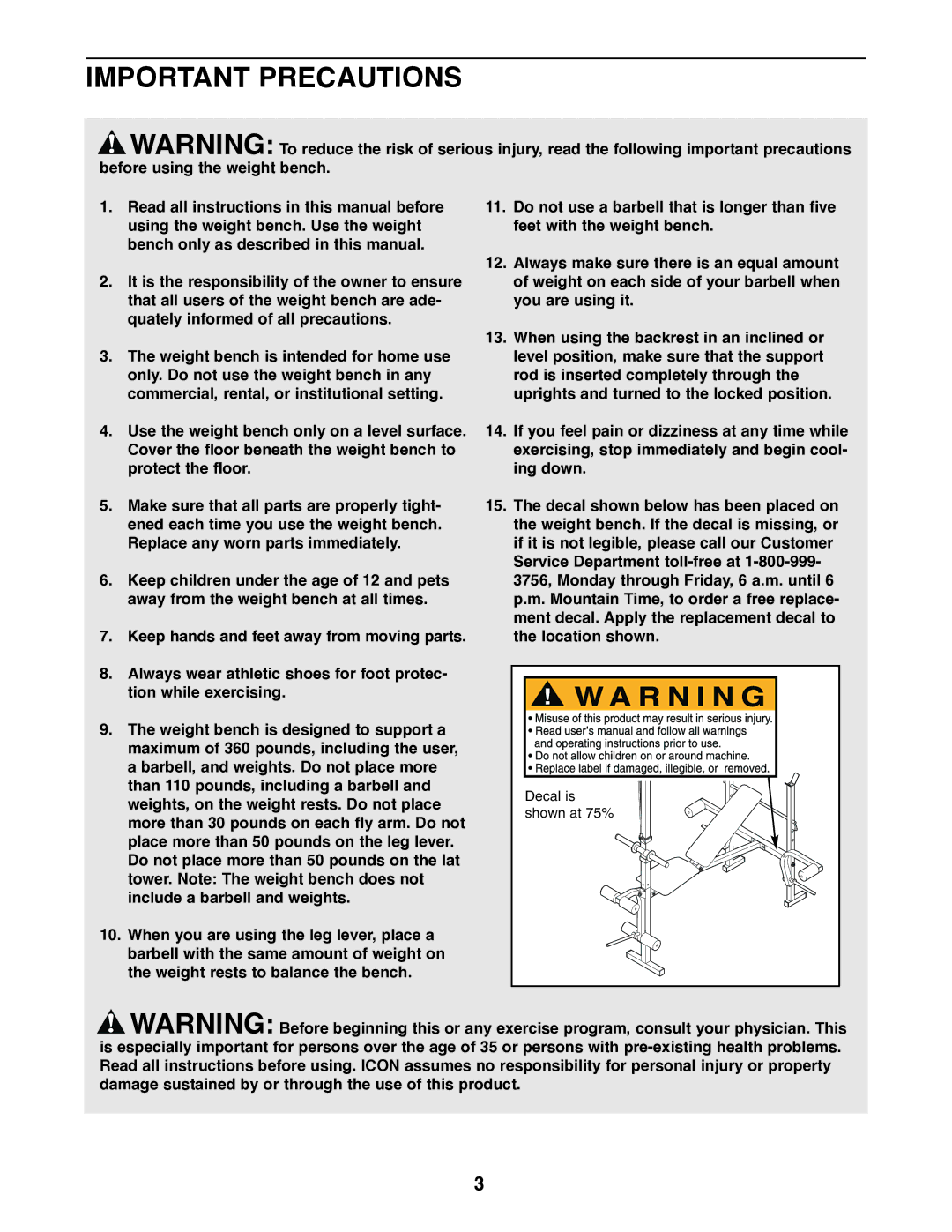 Weslo WEBE13810 user manual Important Precautions 