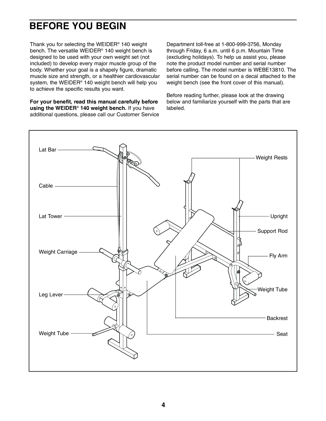 Weslo WEBE13810 user manual Before YOU Begin 