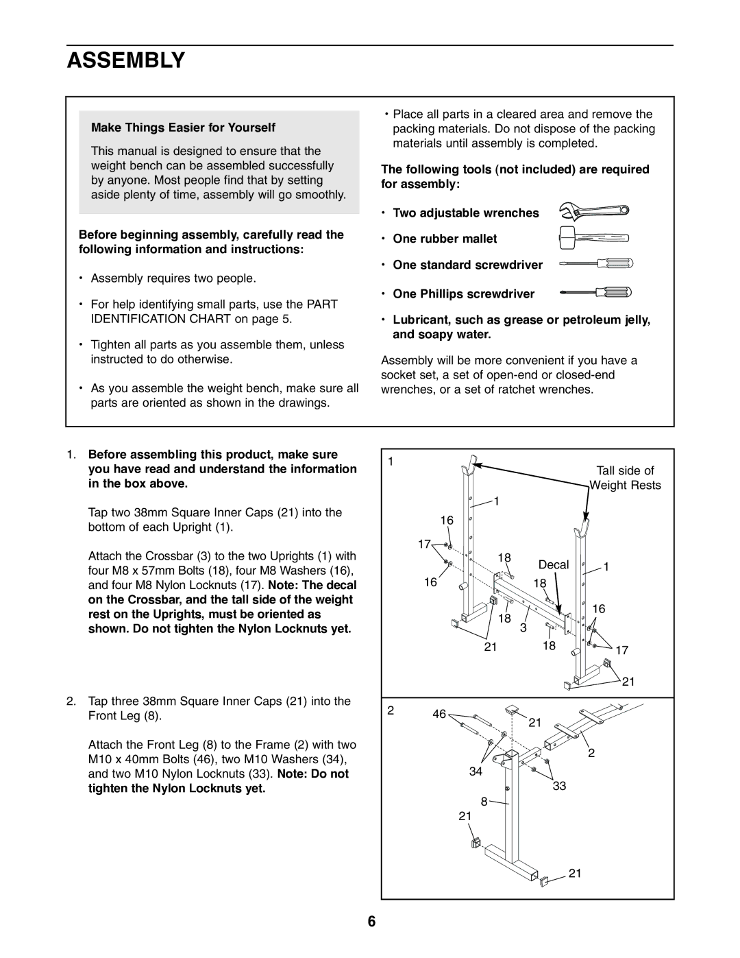 Weslo WEBE13810 user manual Assembly, Make Things Easier for Yourself 