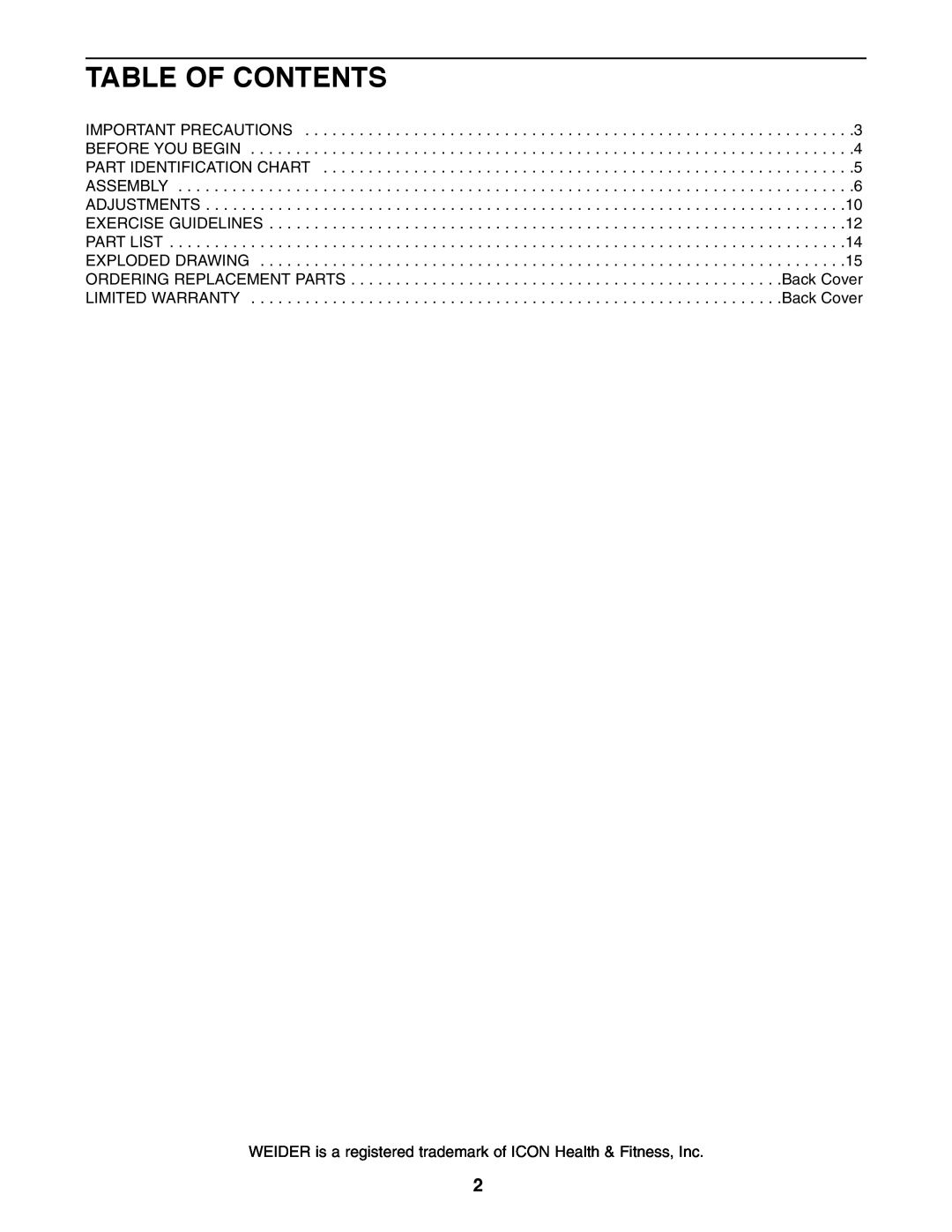 Weslo WEBE13810 user manual Table Of Contents, WEIDER is a registered trademark of ICON Health & Fitness, Inc 
