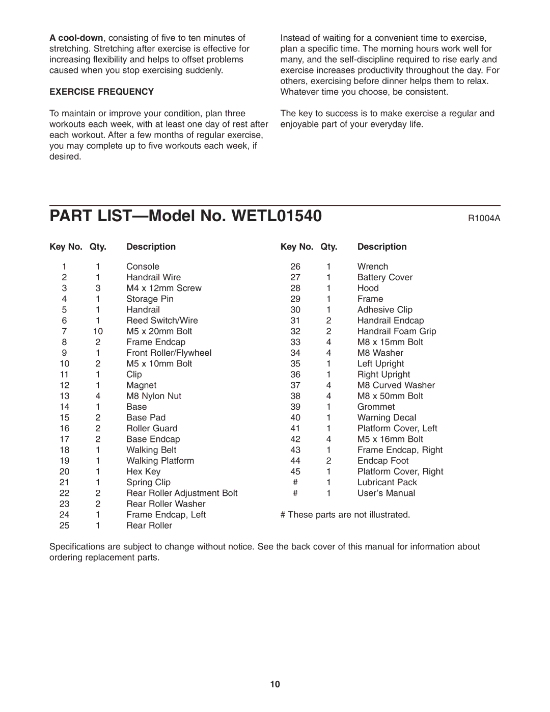 Weslo user manual Part LIST-Model No. WETL01540, Exercise Frequency, Qty Description 