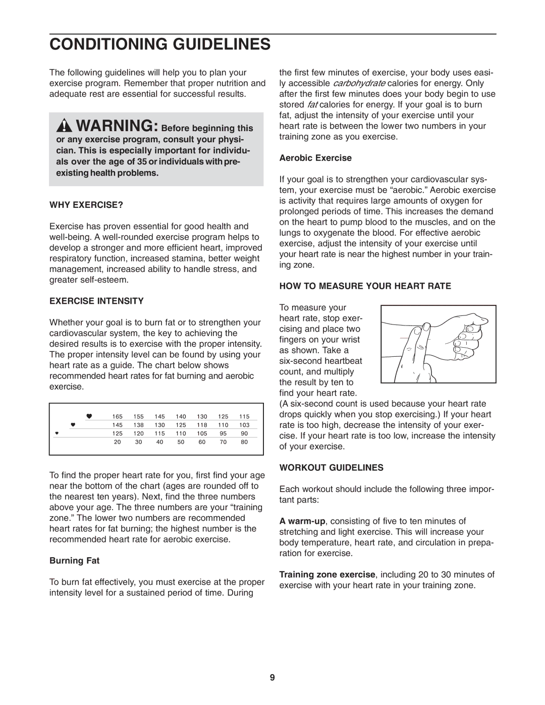 Weslo WETL01540 user manual Conditioning Guidelines, Why Exercise?, Exercise Intensity, HOW to Measure Your Heart Rate 