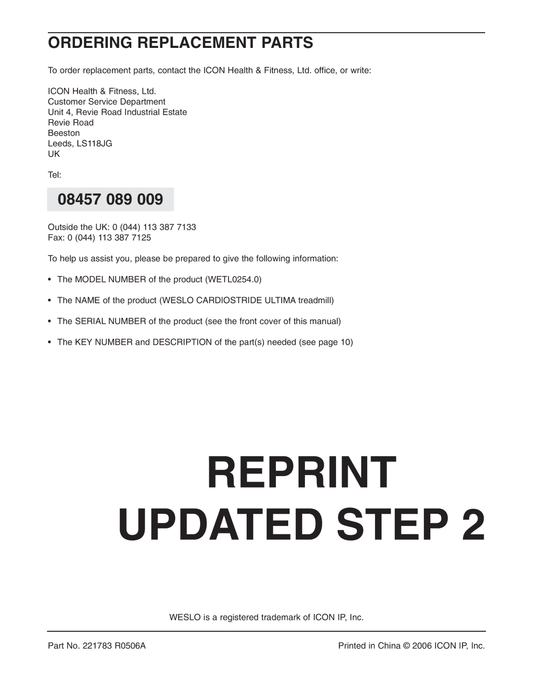 Weslo WETL0254 user manual Ordering Replacement Parts, 08457 089 