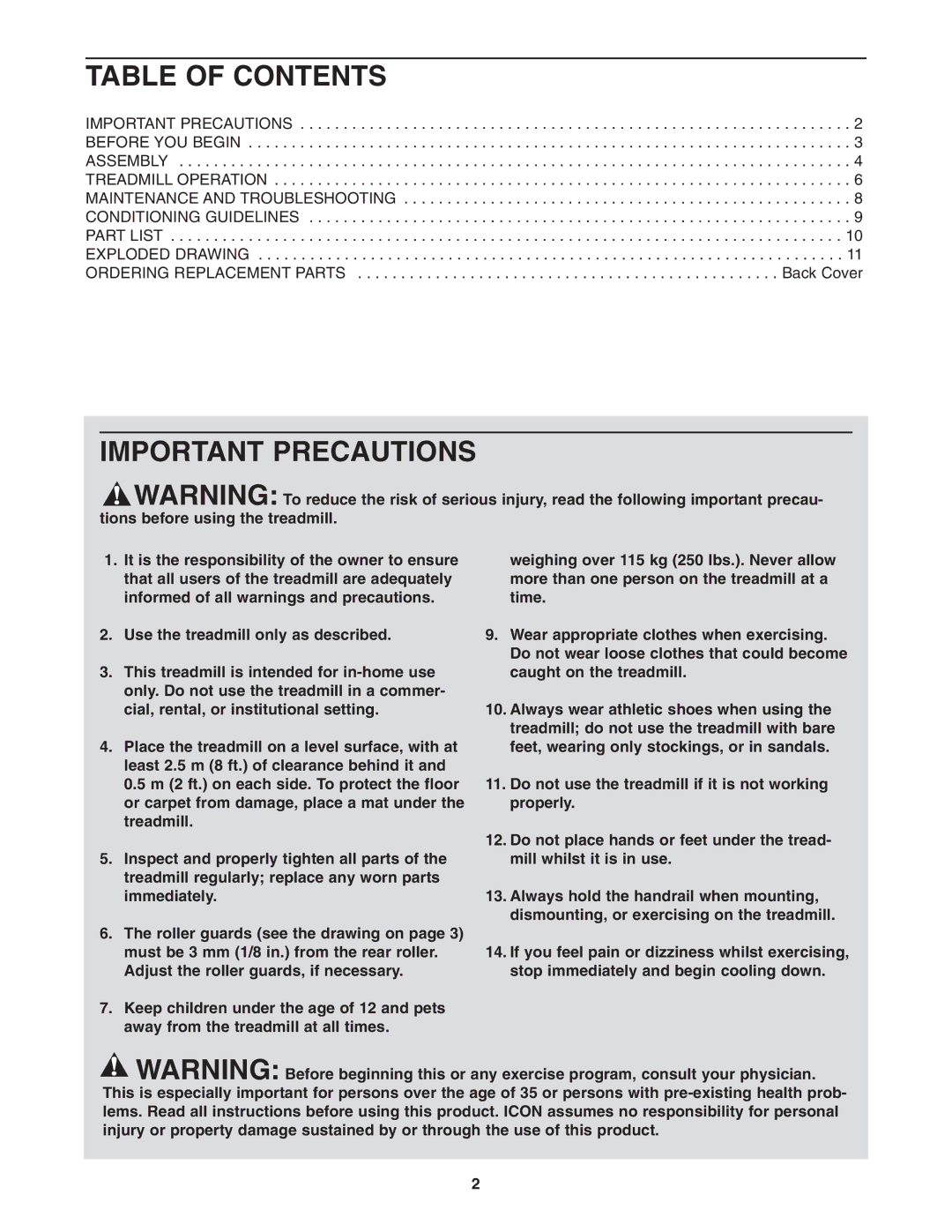 Weslo WETL0254 user manual Table of Contents, Important Precautions 