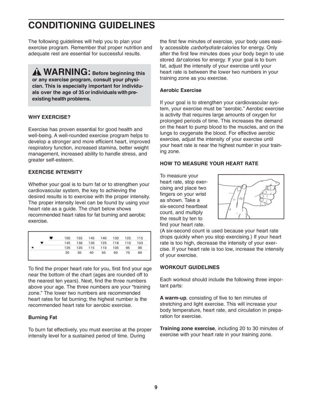 Weslo WETL0254 user manual Conditioning Guidelines, Why Exercise?, Exercise Intensity, HOW to Measure Your Heart Rate 