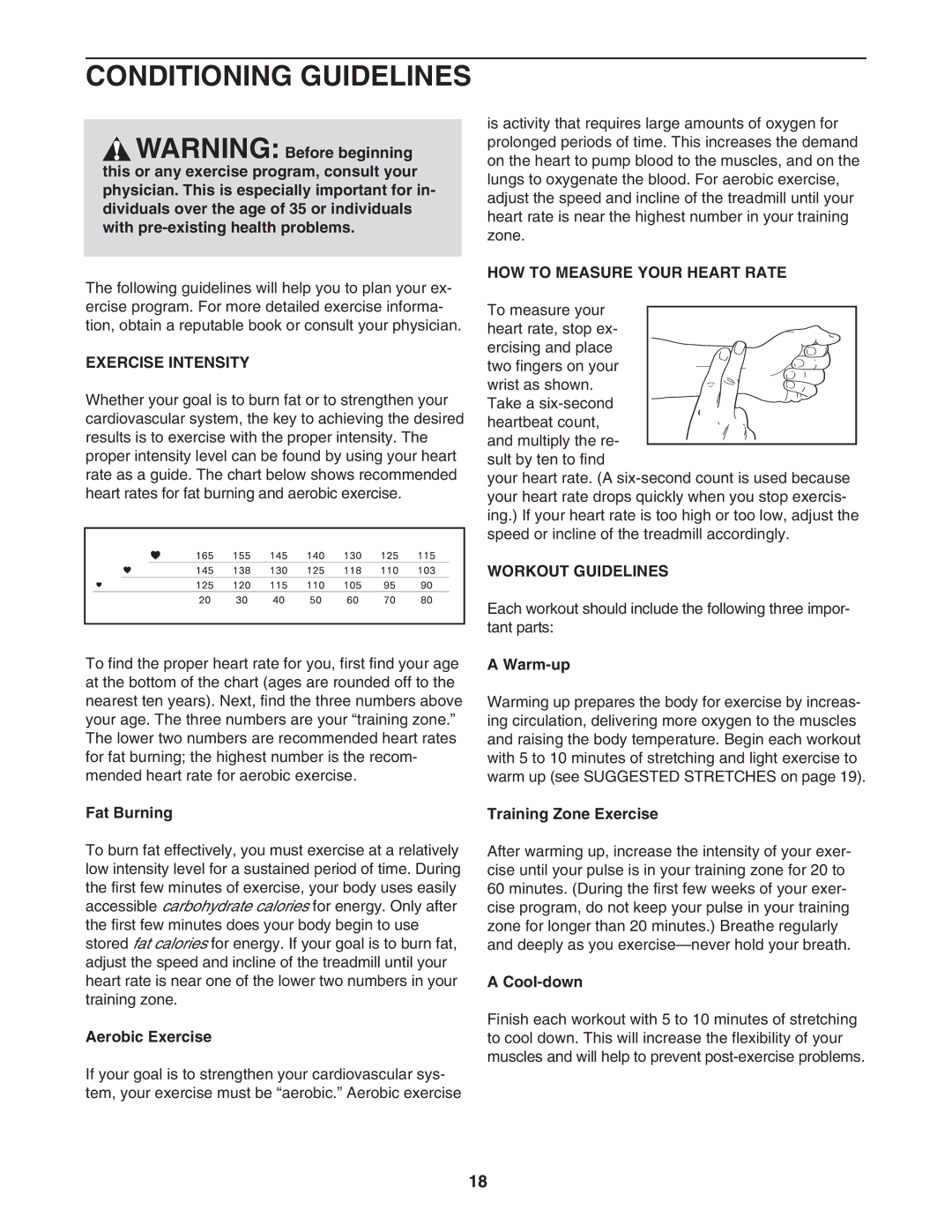 Weslo WETL0514.0 Conditioning Guidelines, Exercise Intensity, HOW to Measure Your Heart Rate, Workout Guidelines 