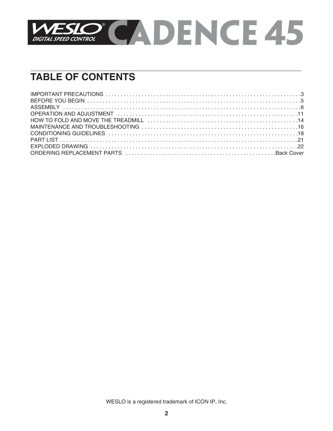 Weslo WETL0514.0 user manual Table of Contents 