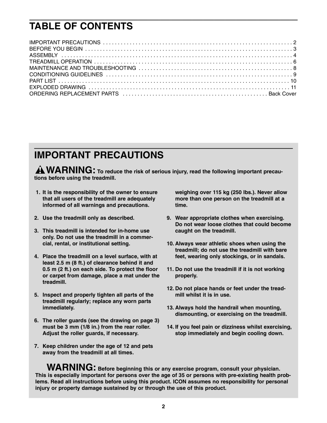 Weslo WETL11806.0 user manual Table of Contents, Important Precautions 