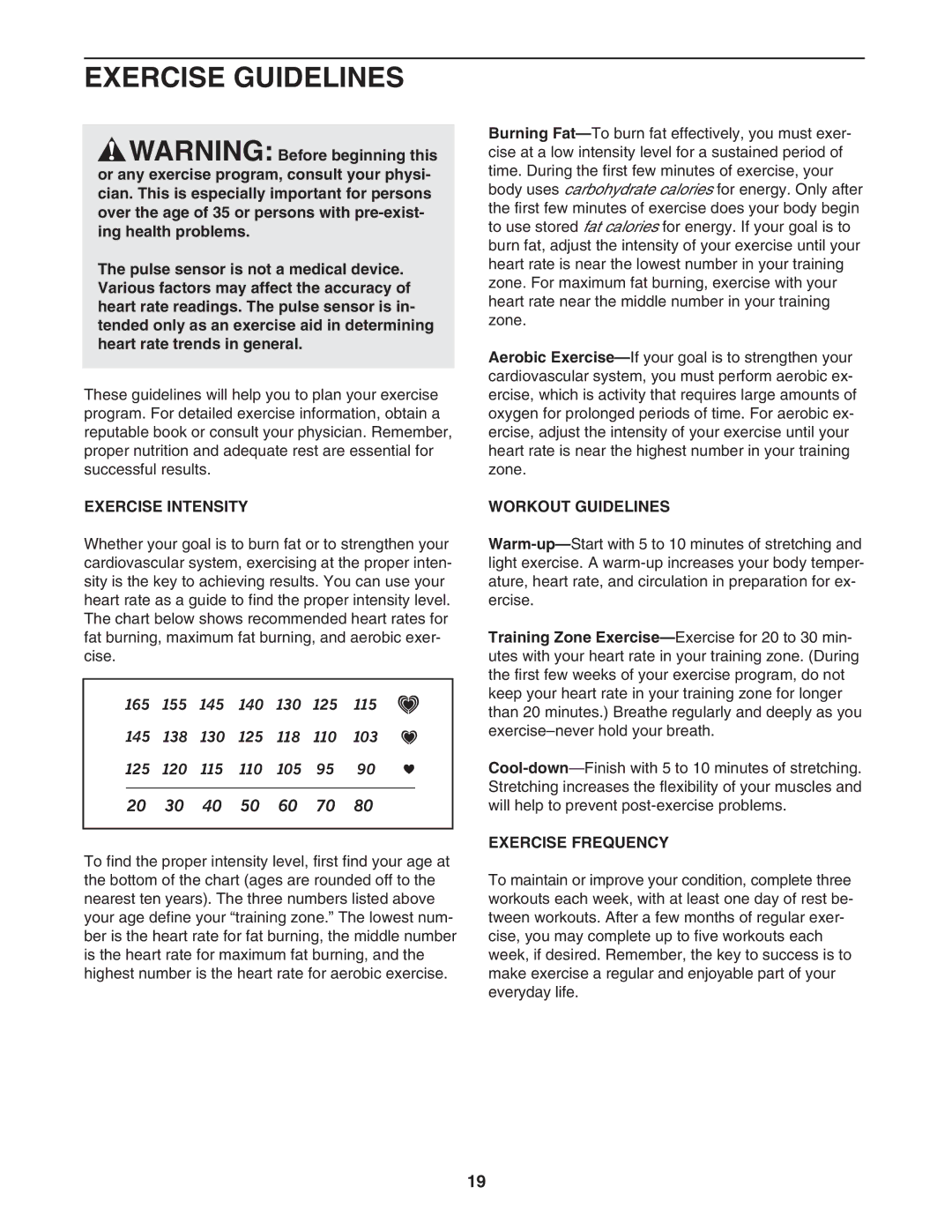 Weslo WETL14707.0 user manual Exercise Guidelines, Exercise Intensity, Workout Guidelines, Exercise Frequency 