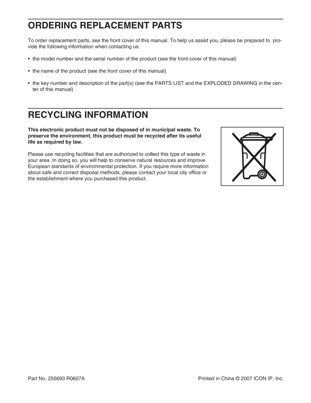 Weslo WETL14707.0 user manual Ordering Replacement Parts, Recycling Information 