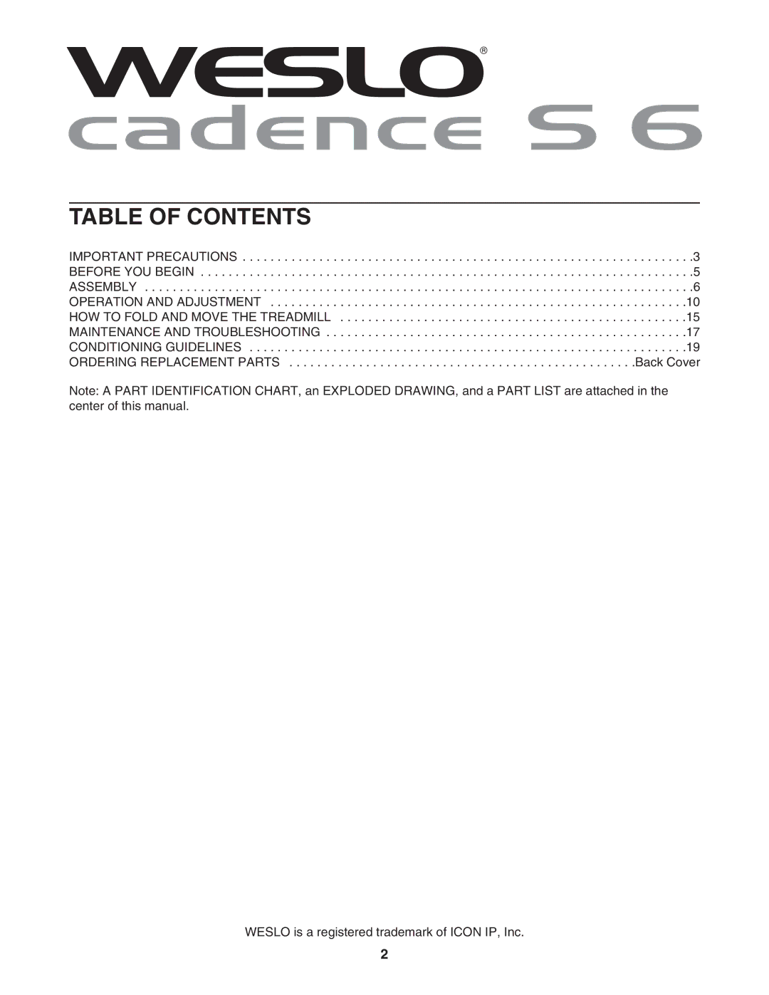 Weslo WETL14906.0 user manual Table of Contents 