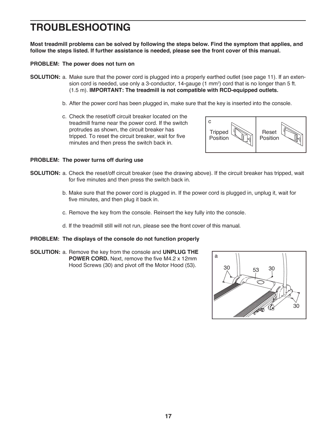 Weslo WETL20708.0 user manual Troubleshooting, Problem Solution, Power turns off during use 