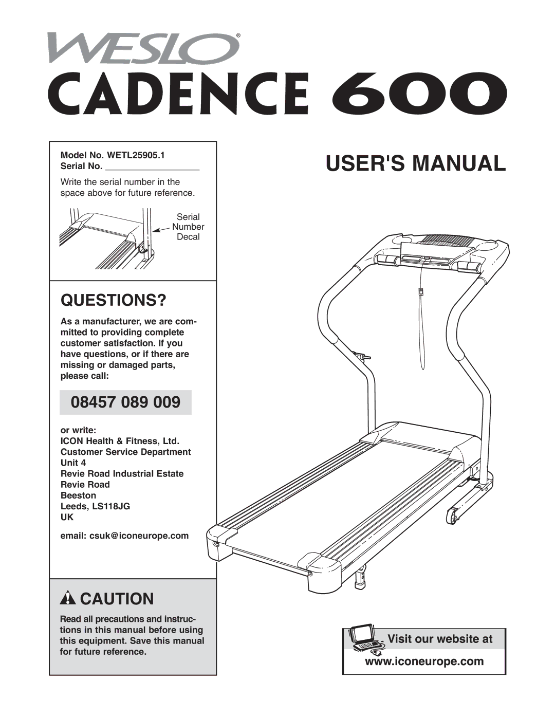 Weslo user manual Questions?, Model No. WETL25905.1 Serial No 