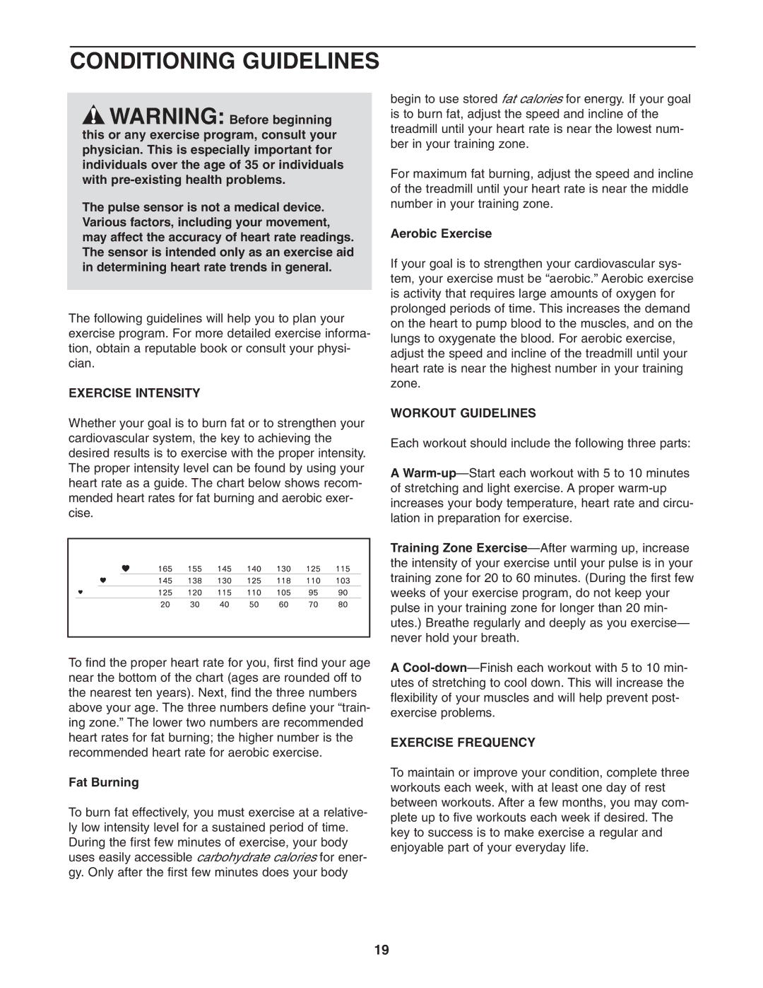 Weslo WETL25905.1 user manual Conditioning Guidelines, Exercise Intensity, Workout Guidelines, Exercise Frequency 