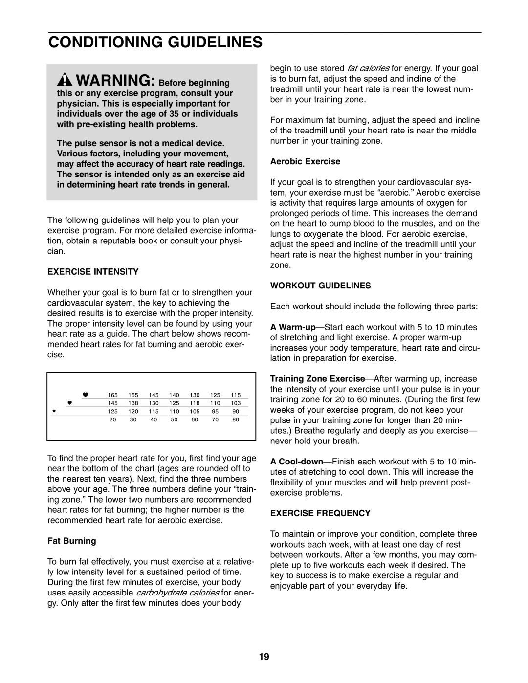 Weslo WETL26805.1 user manual Conditioning Guidelines, Exercise Intensity, Workout Guidelines, Exercise Frequency 