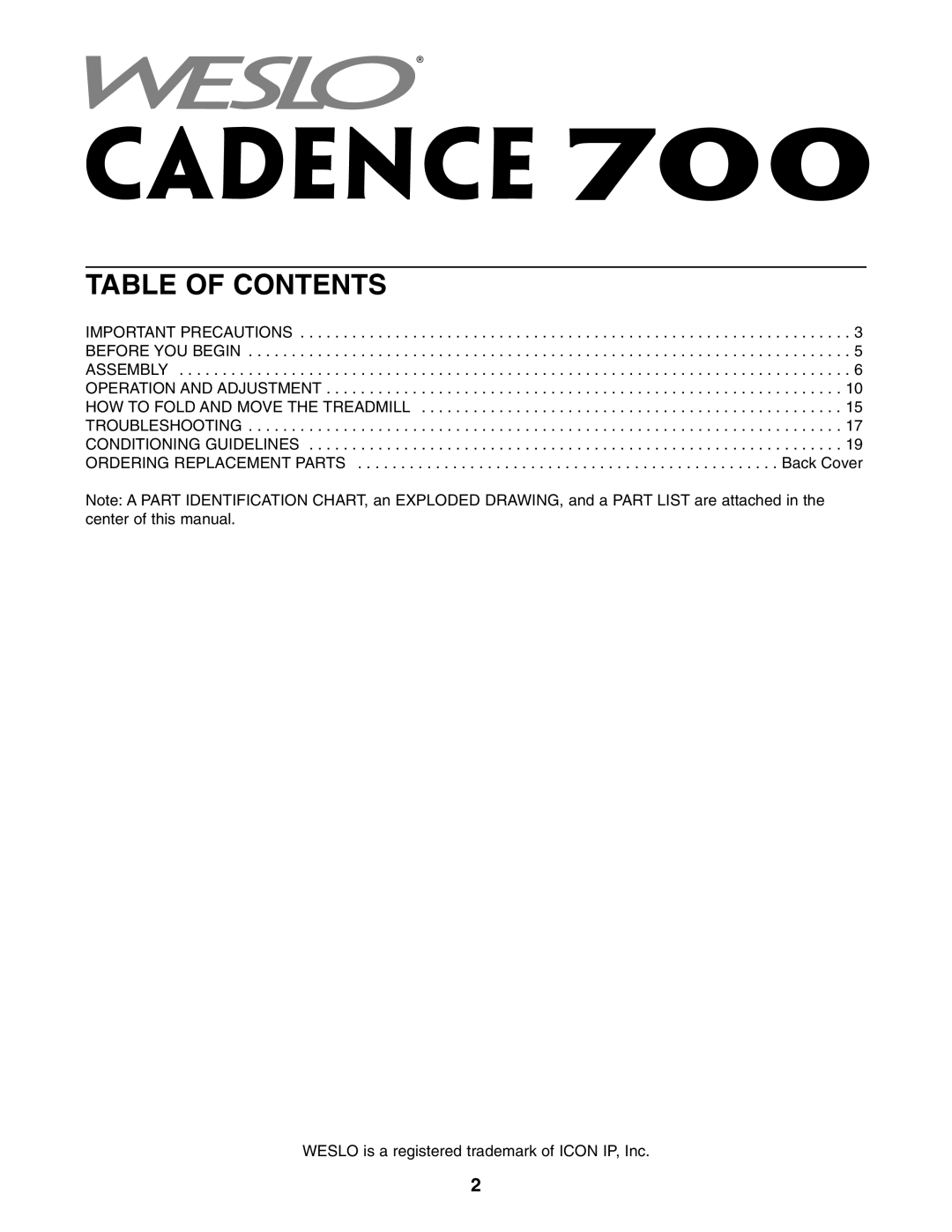 Weslo WETL26805.1 user manual Table of Contents 