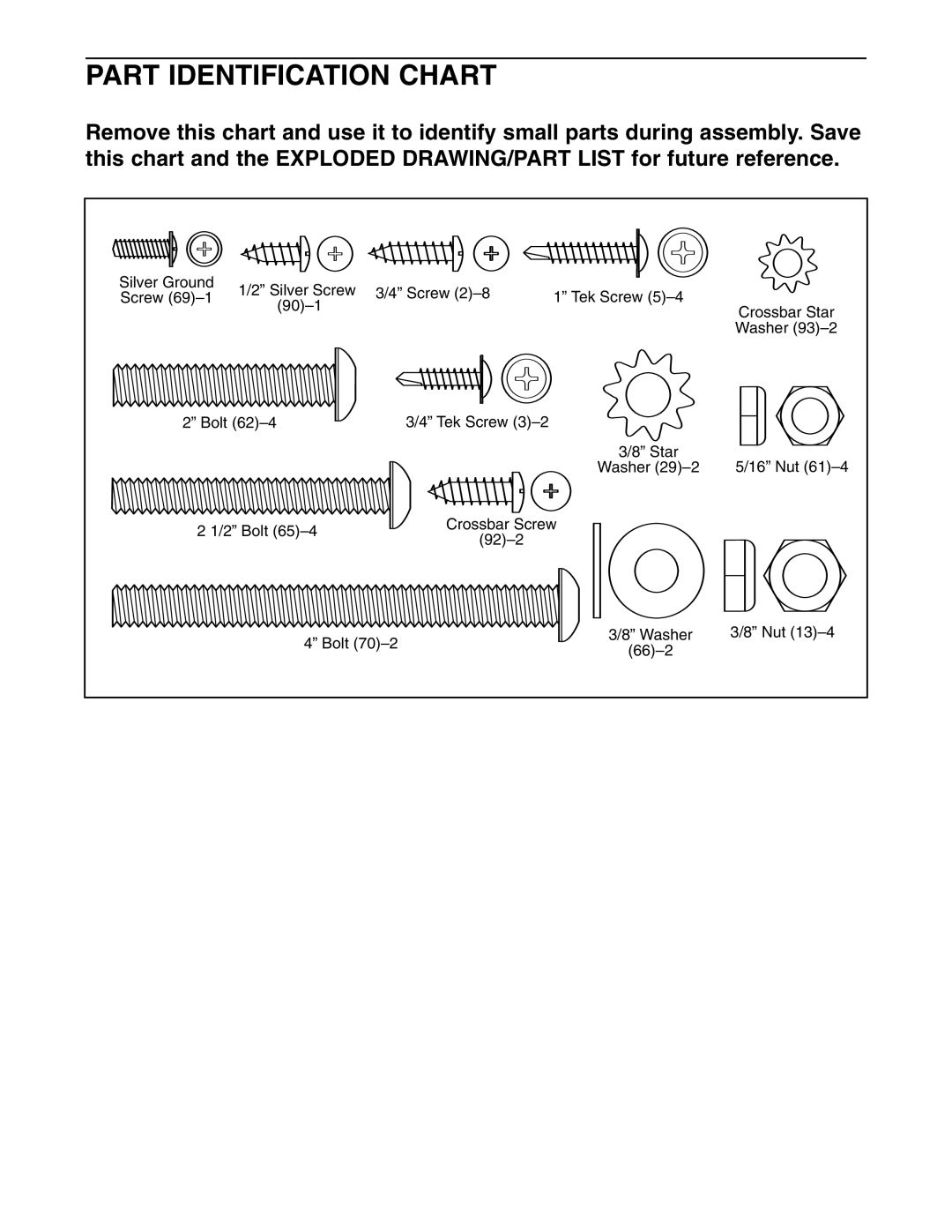 Weslo WETL26805.1 user manual Part Identification Chart 