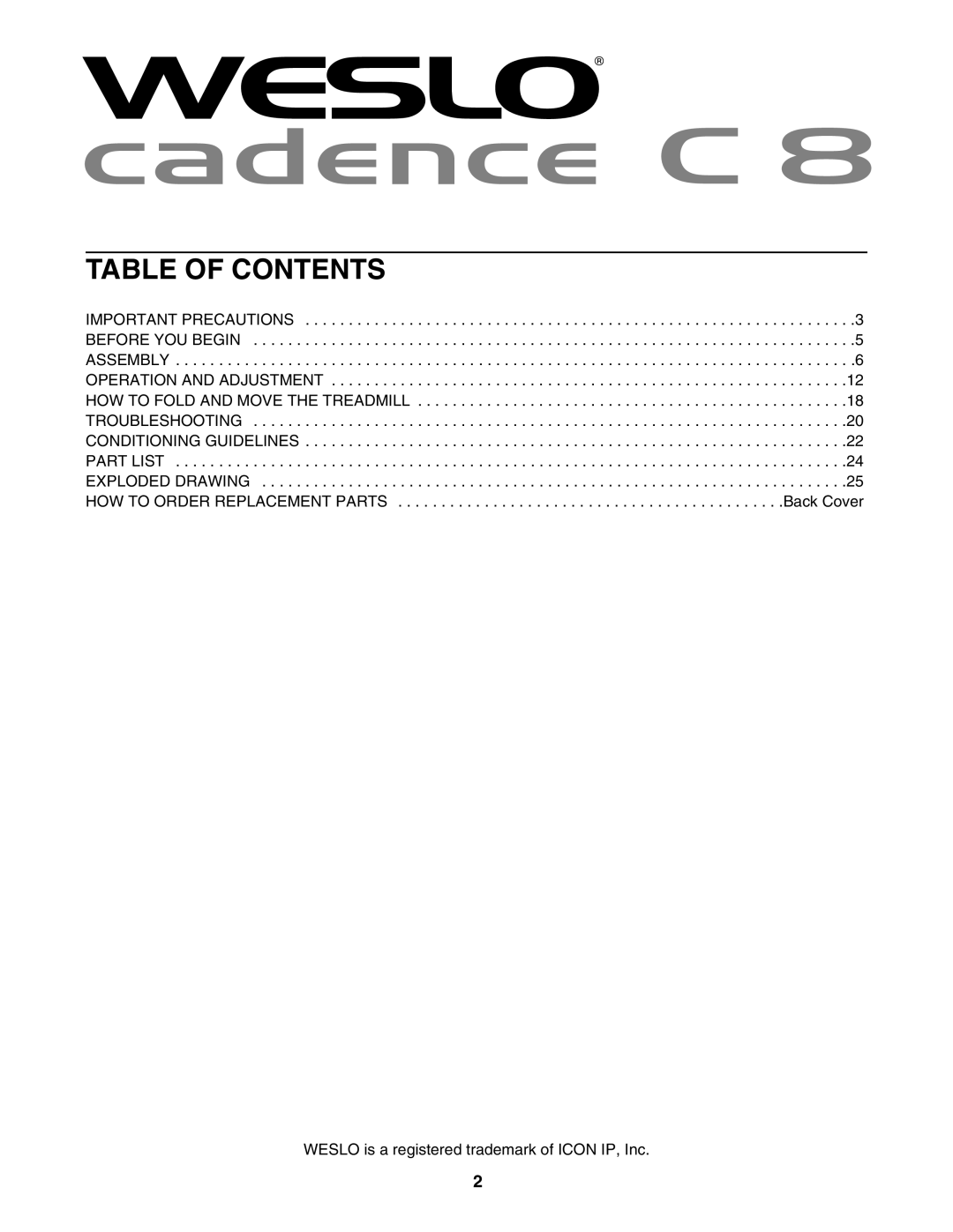 Weslo WETL26806.0 user manual Table of Contents 