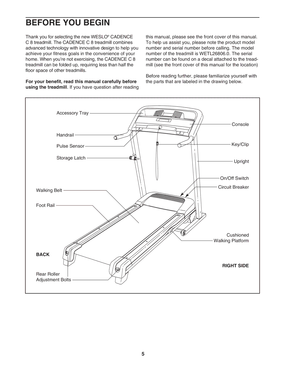 Weslo WETL26806.0 user manual Before YOU Begin, Back Right Side 