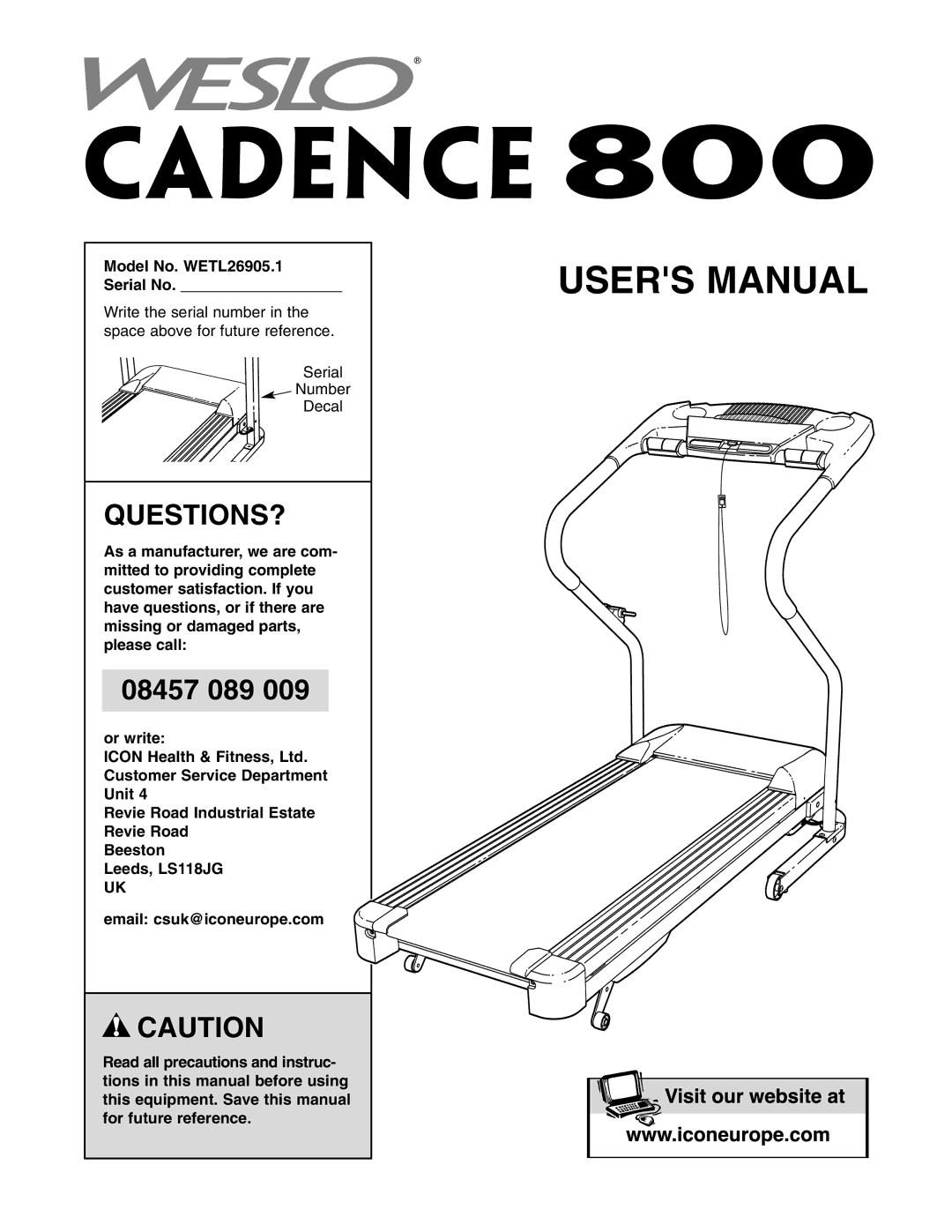 Weslo user manual Questions?, Model No. WETL26905.1 Serial No 