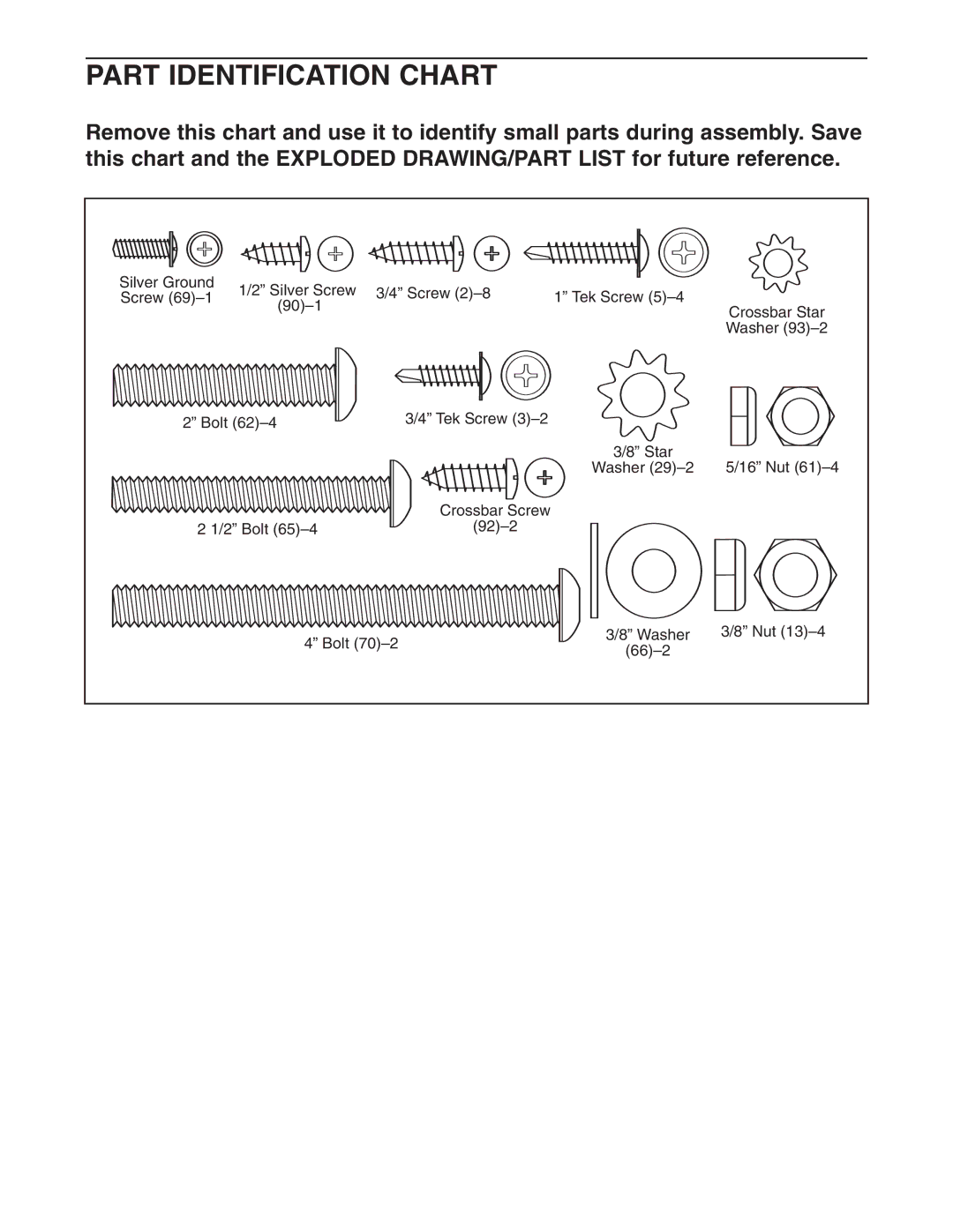 Weslo WETL26905.1 user manual Part Identification Chart 