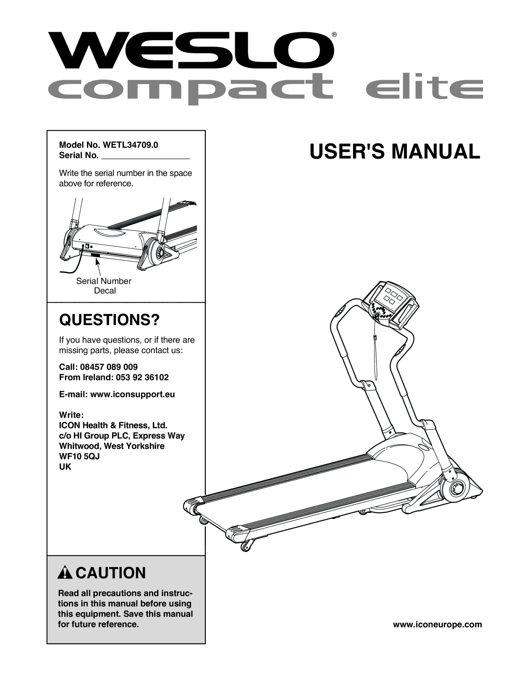 Weslo user manual Questions?, Model No. WETL34709.0 Serial No 