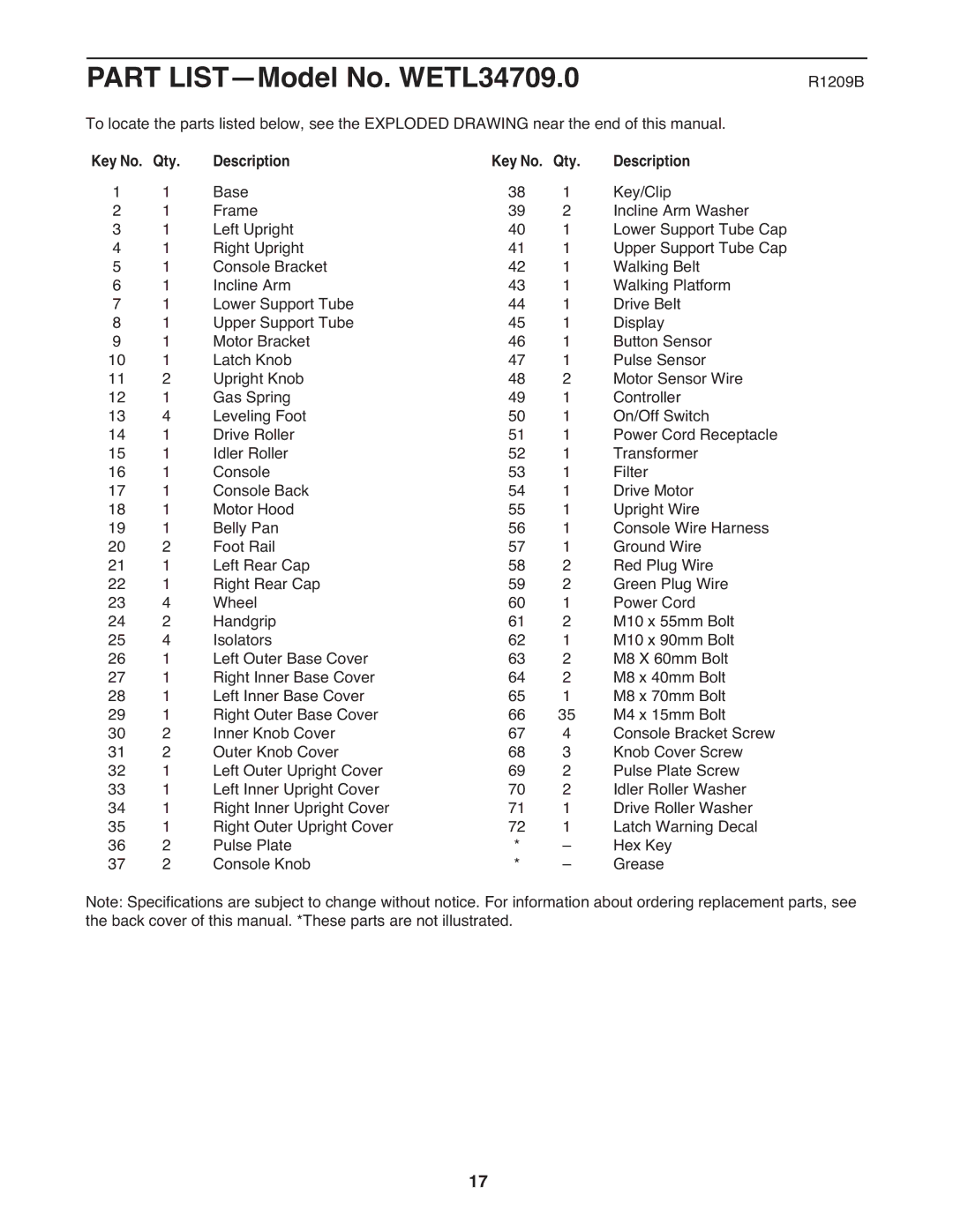 Weslo user manual Part LIST-Model No. WETL34709.0, Key No. Qty Description 