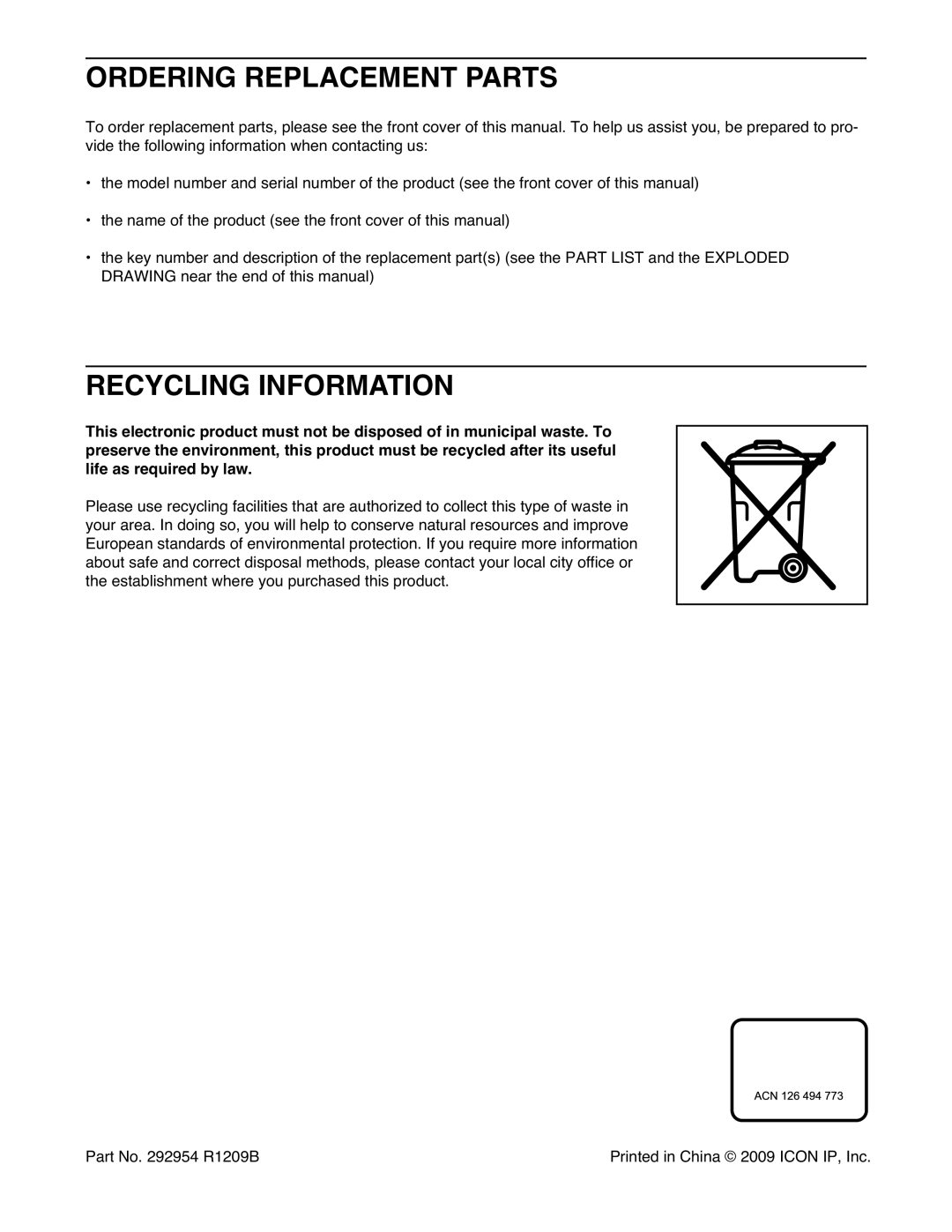 Weslo WETL34709.0 user manual Ordering Replacement Parts, Recycling Information 