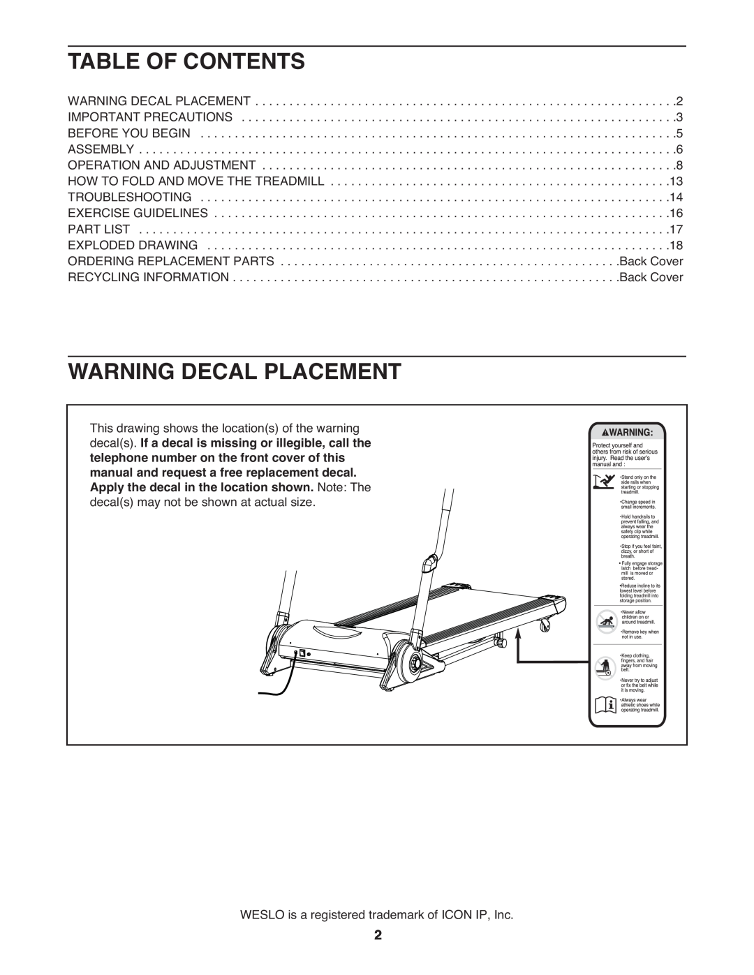 Weslo WETL34709.0 user manual Table Of Contents, Warning Decal Placement, WESLO is a registered trademark of ICON IP, Inc 
