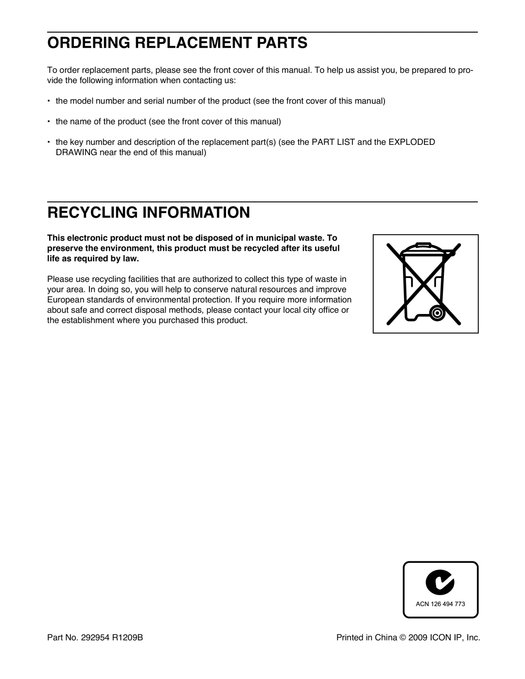 Weslo WETL34709.0 user manual Ordering Replacement Parts, Recycling Information 