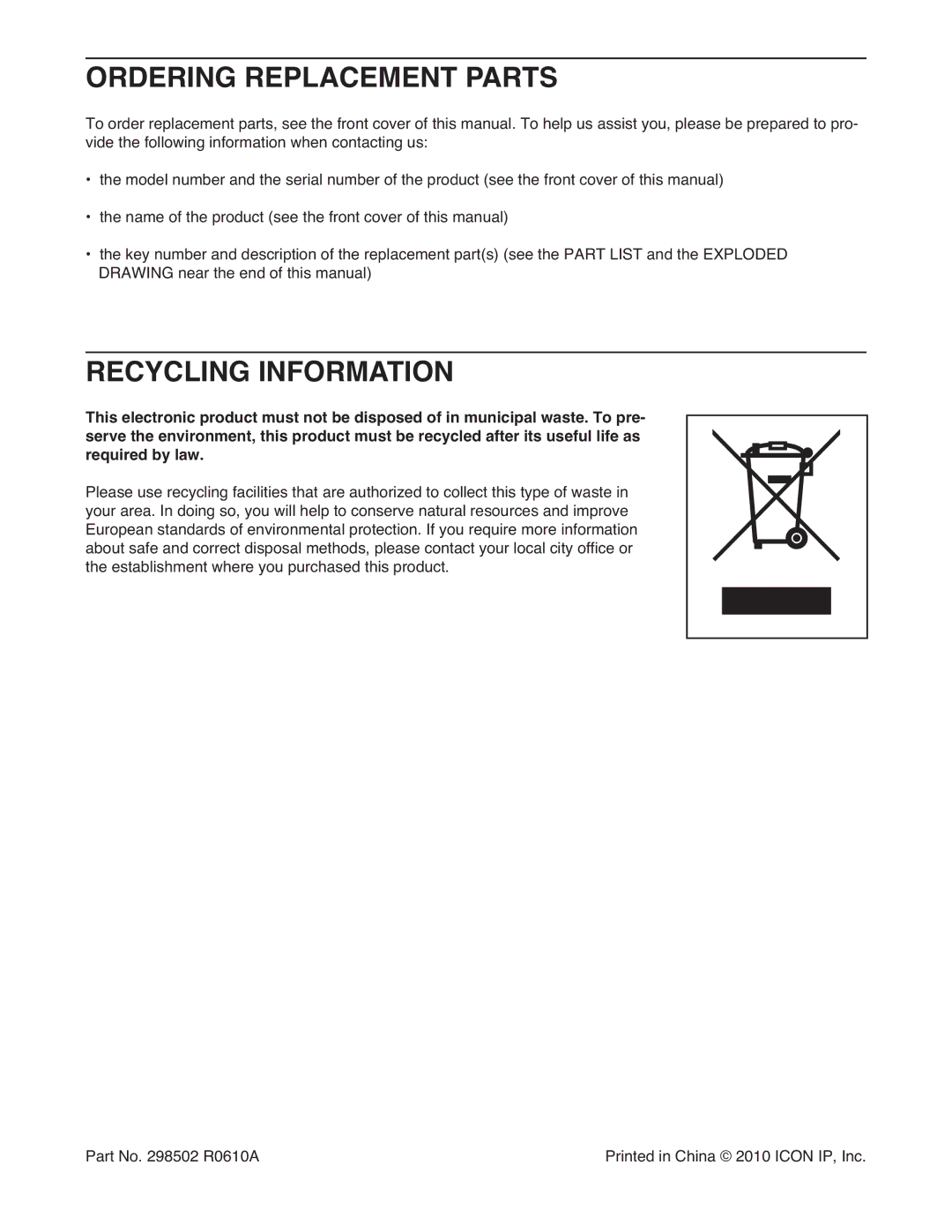 Weslo WETL49710.0 user manual Ordering Replacement Parts, Recycling Information 