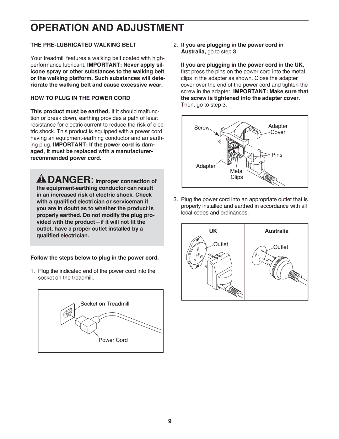 Weslo WETL49710.0 Operation and Adjustment, PRE-LUBRICATED Walking Belt, HOW to Plug in the Power Cord, Australia, Outlet 