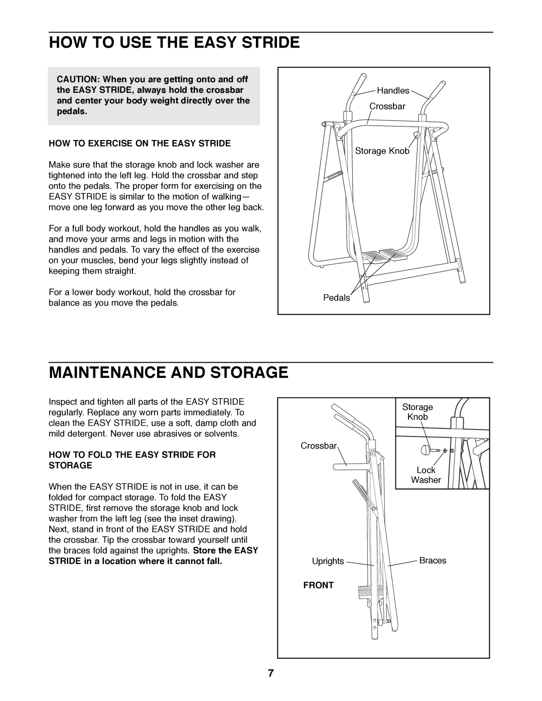 Weslo WLAW35075 user manual HOW to USE the Easy Stride, Maintenance and Storage, HOW to Exercise on the Easy Stride, Front 