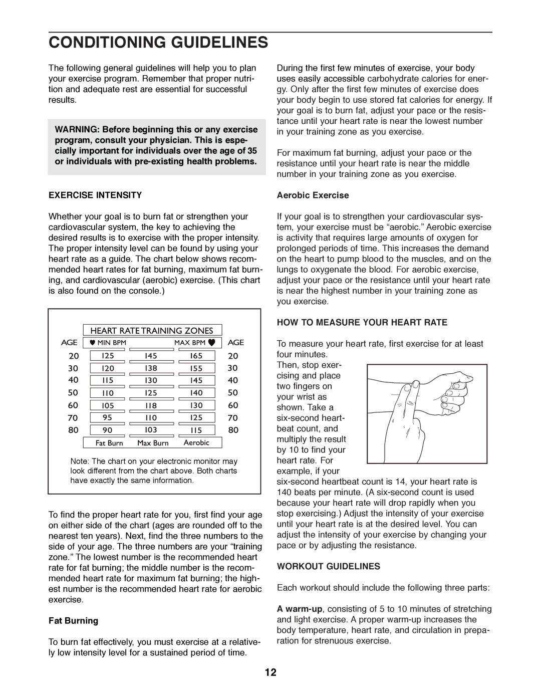 Weslo WLAW55072 user manual Conditioning Guidelines, Exercise Intensity, HOW to Measure Your Heart Rate, Workout Guidelines 