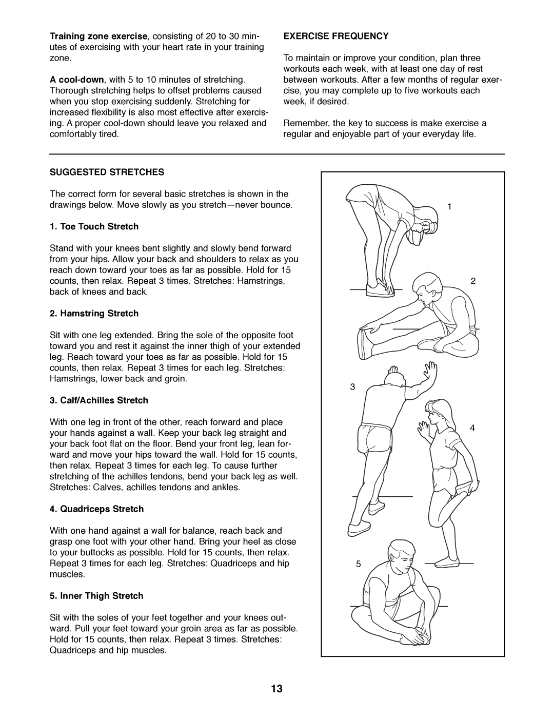 Weslo WLAW55072 user manual Exercise Frequency, Suggested Stretches 