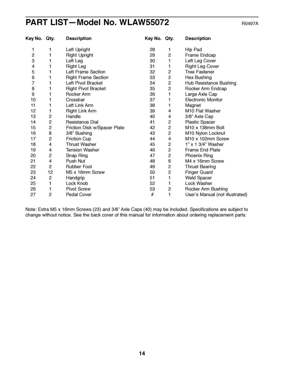 Weslo user manual Part LISTÑModel No. WLAW55072, Qty Description 