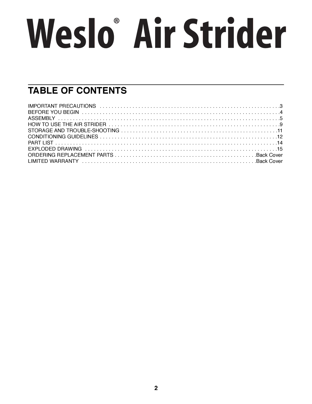 Weslo WLAW55072 user manual Table of Contents 