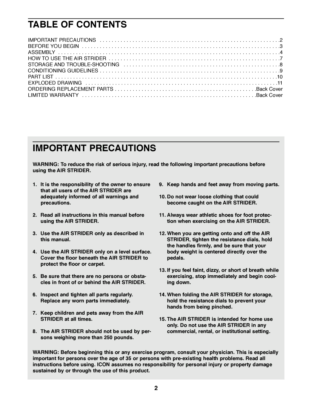 Weslo WLAW55073 user manual Table of Contents, Important Precautions 