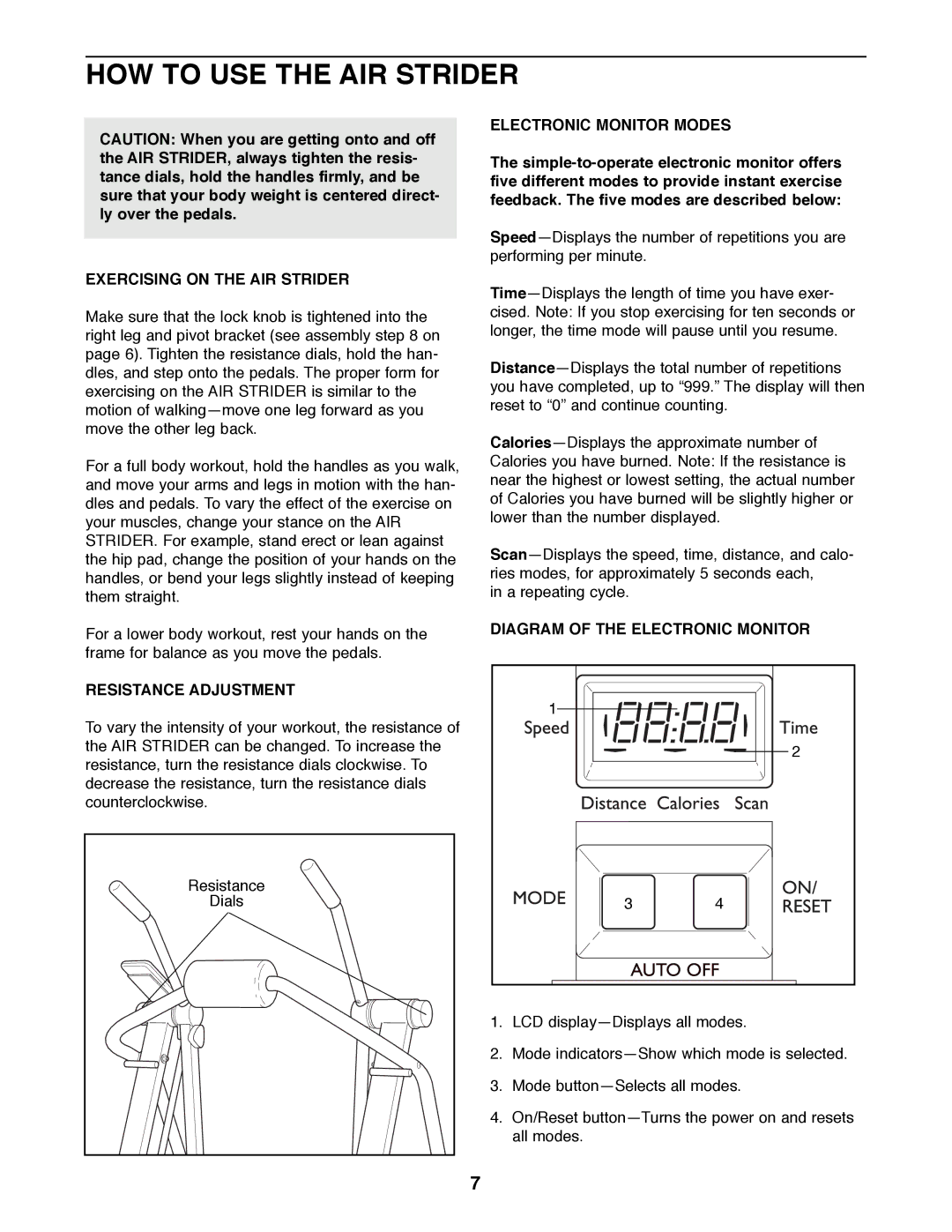 Weslo WLAW55073 HOW to USE the AIR Strider, Exercising on the AIR Strider, Resistance Adjustment, Electronic Monitor Modes 