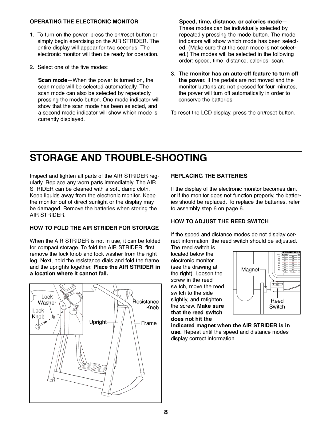 Weslo WLAW55073 Storage and TROUBLE-SHOOTING, Operating the Electronic Monitor, HOW to Fold the AIR Strider for Storage 