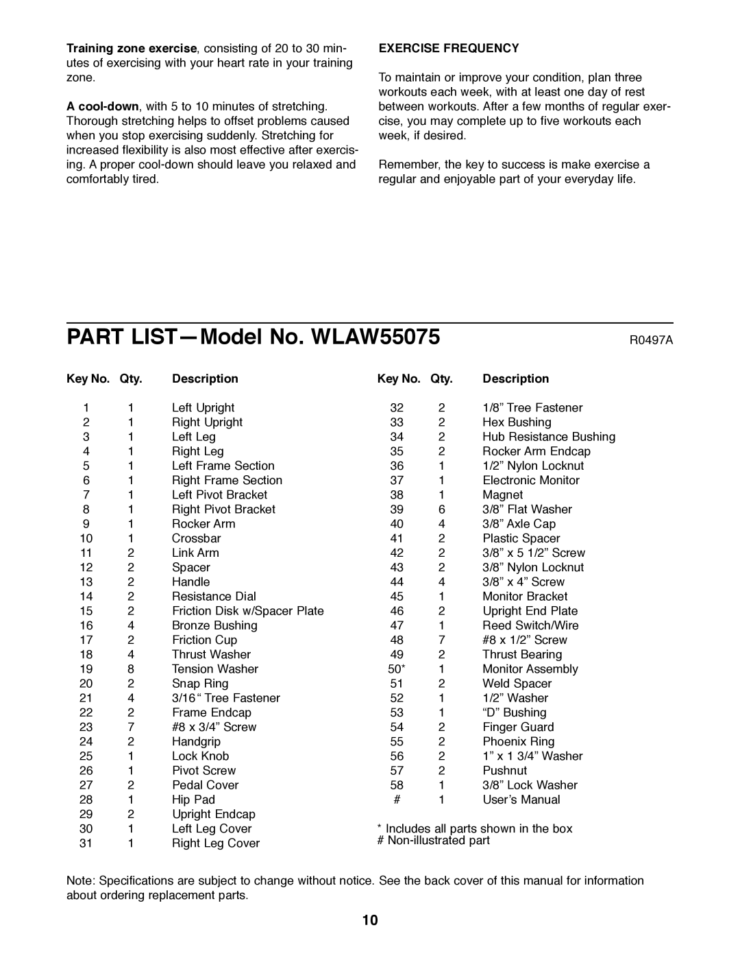 Weslo WLAW55075 user manual Exercise Frequency, Qty Description 