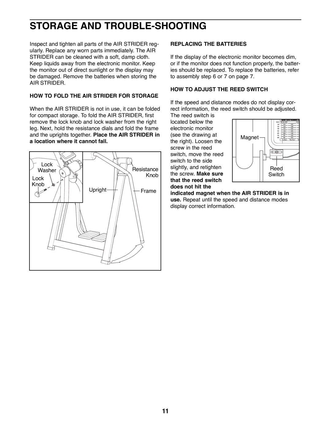 Weslo WLAW55078 user manual Storage and TROUBLE-SHOOTING, HOW to Fold the AIR Strider for Storage, Replacing the Batteries 