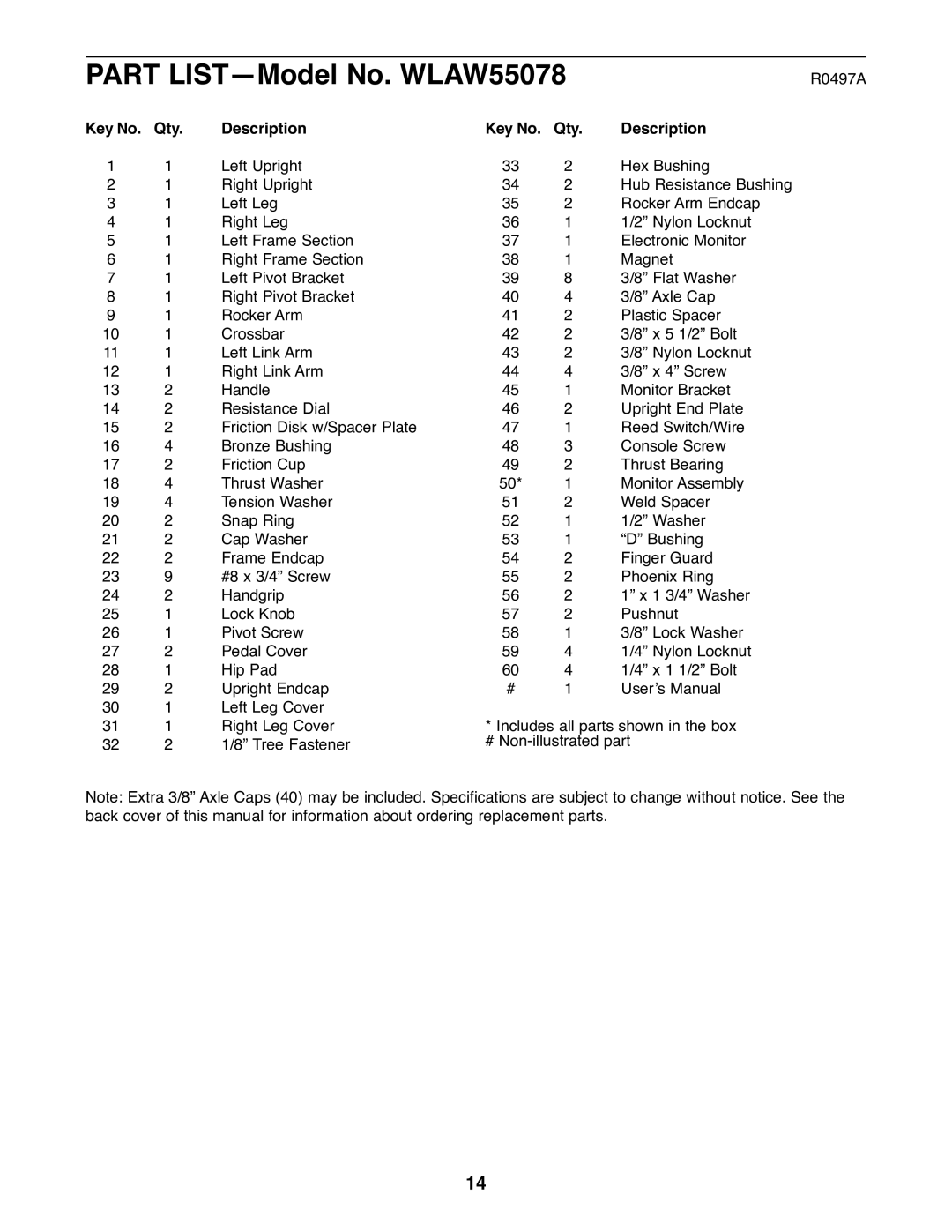 Weslo user manual Part LISTÑModel No. WLAW55078, Qty Description 