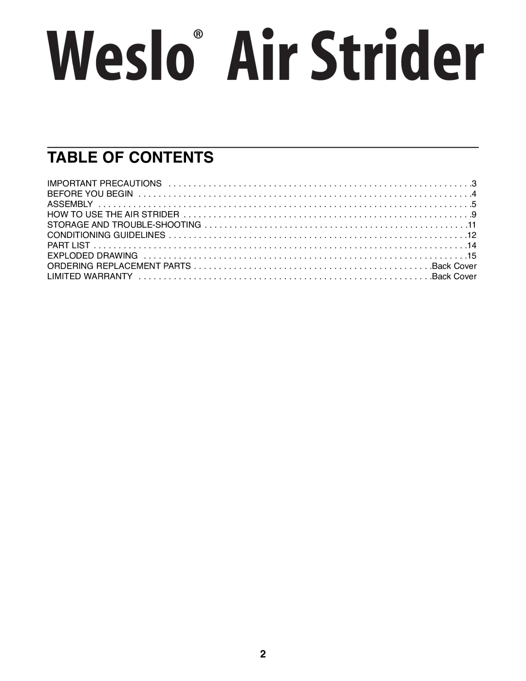 Weslo WLAW55078 user manual Table of Contents 