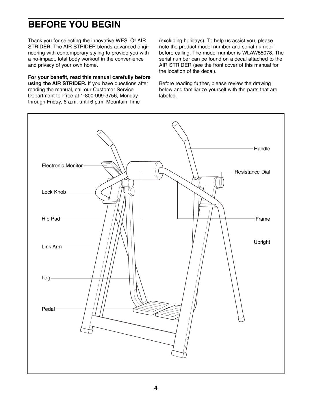 Weslo WLAW55078 user manual Before YOU Begin 